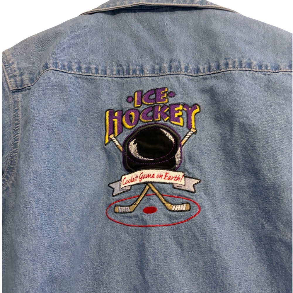 THREE RIVERS Womens Denim‎ Shirt Long Sleeve Ice Hockey Embroidered Collared M